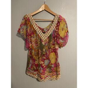 Boston Proper Tunic Top Womens Small Pink Floral Crochet Boho Sheer Festival